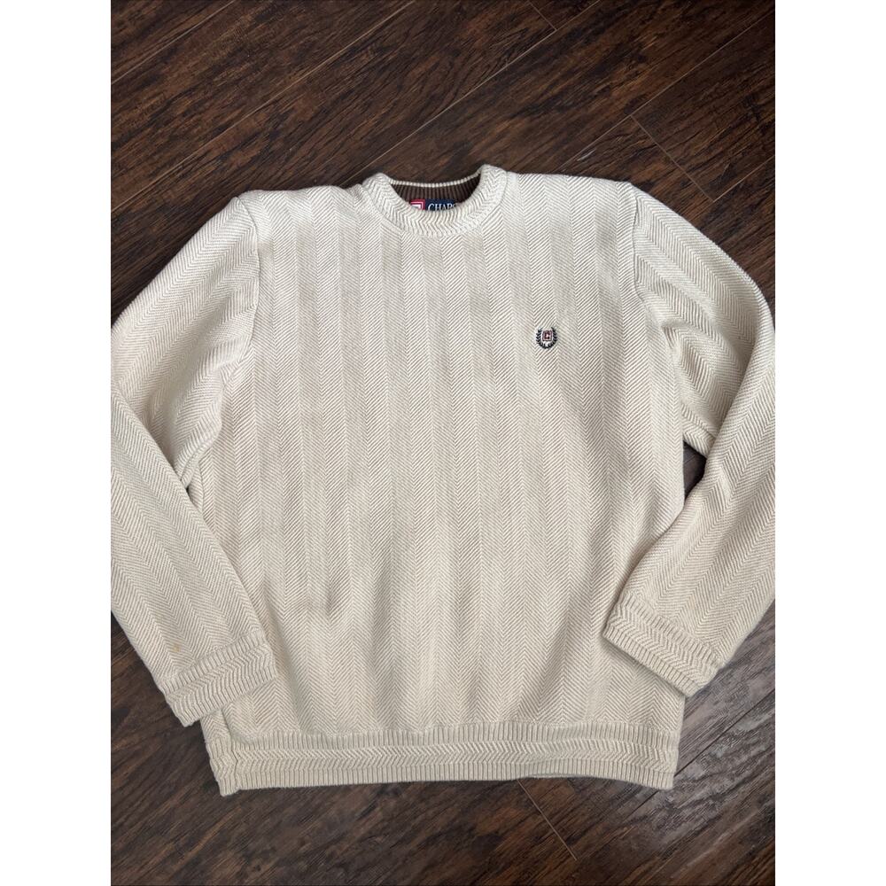Chaps Ralph Lauren Chunky Sweater Men's Medium Cream Hand Framed Crest Pullover
